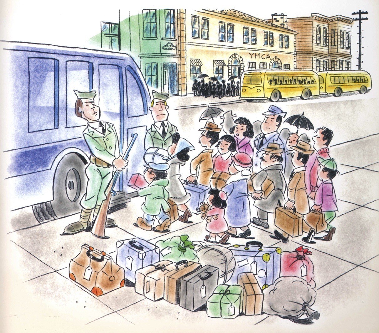 Families boarding the buses in 1942, from Hello Maggie! by Willie Ito
