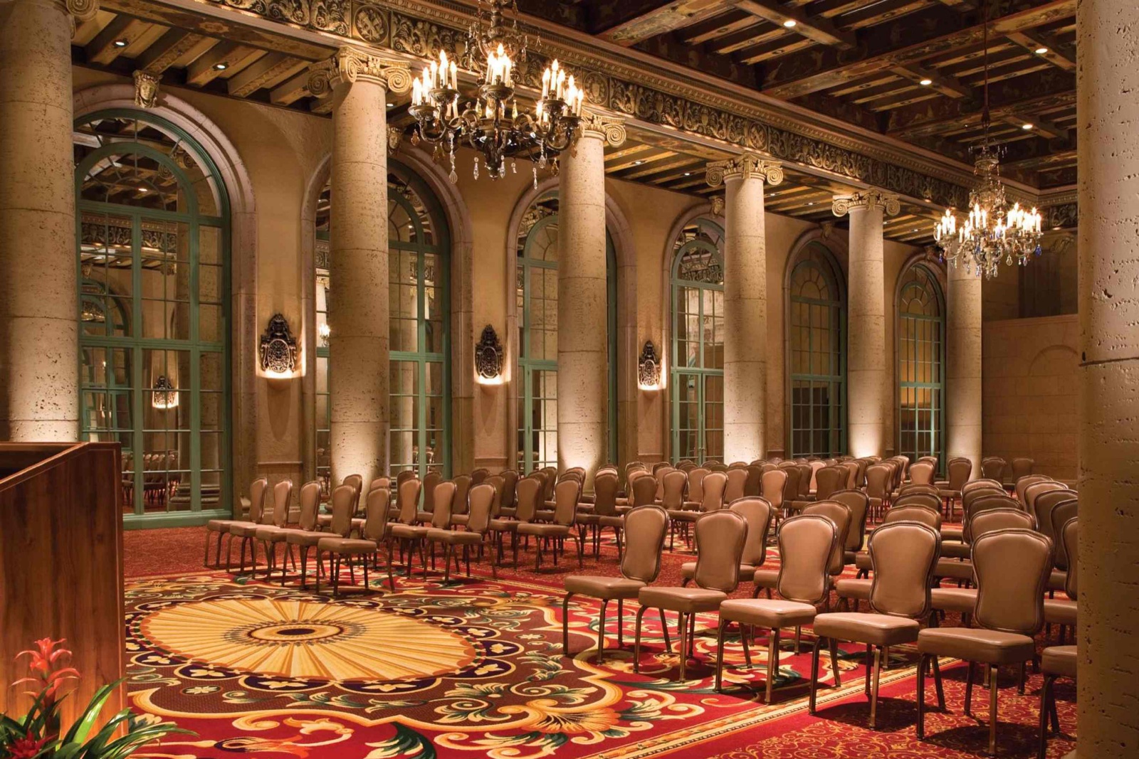 Ballroom set for an event at the Millennium Biltmore