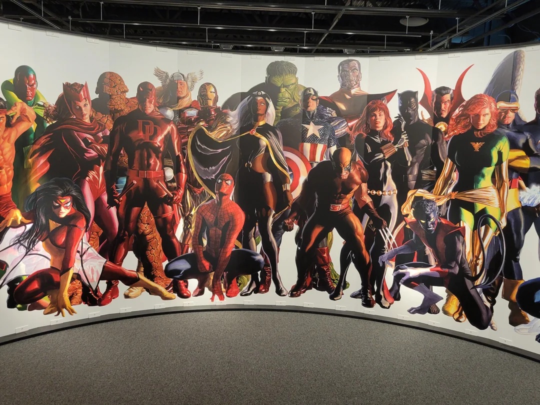 Life-size mural of Marvel heroes by Alex Ross